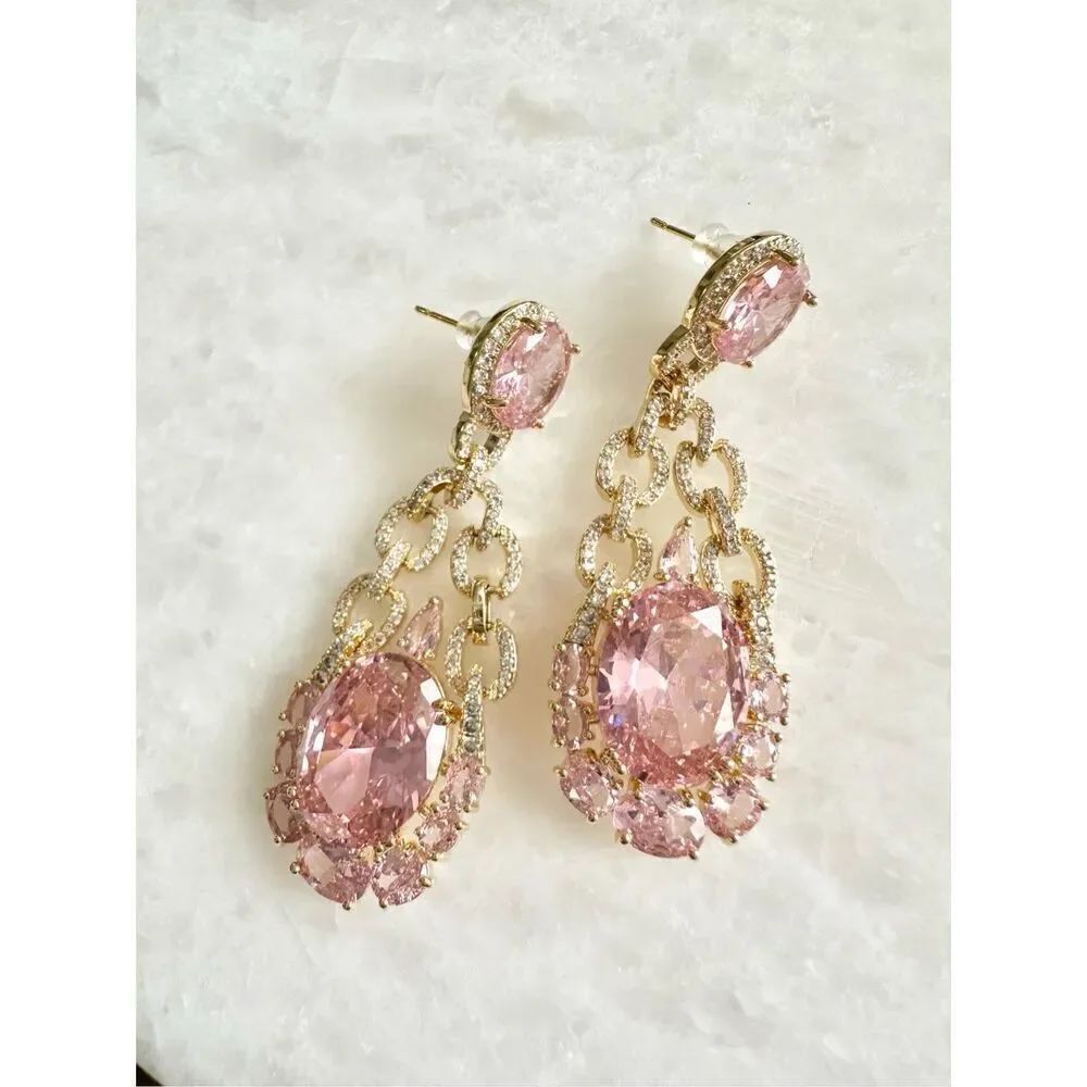 Light pink cubic zirconia chandelier statement earrings 